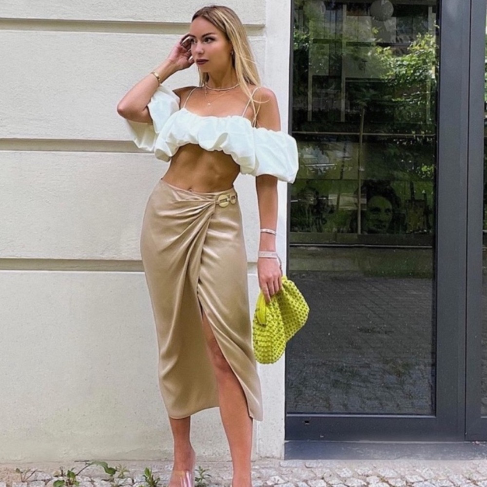 ZARA SATIN EFFECT MIDI SKIRT WITH CHAIN DETAIL